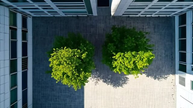 High-angle view of a modern courtyard. Two green trees are centrally located in a paved courtyard between two tall, light-colored buildings.  Windows of the buildings are visible in a grid pattern