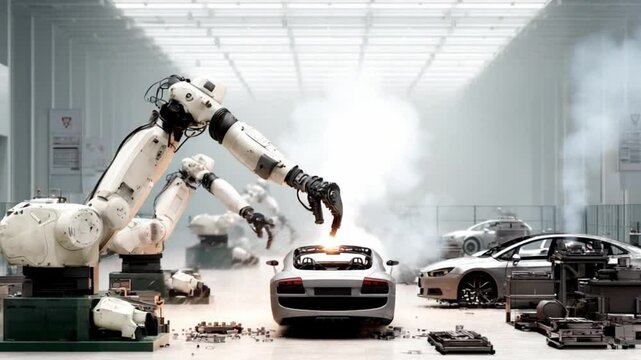 Advanced robotic arm in an automated car manufacturing facility with modern technology and sleek vehicles