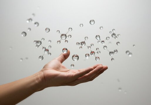 Hand holds glass molecule structure. Research and development concept in studio