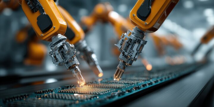 A High Resolution image of advanced robot arms precisely place microchips on circuit boards in hi-tech factory. Automated assembly line shows precision, efficiency in modern.