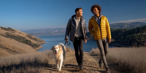 Male couple walking their dog on a scenic trail, happy lifestyle, matching jackets