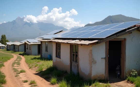 Solar panels on the roof of shack at Informal settlement - Enkanini, on the outskirts of Stellenbosch, Western Cape, South Africa. Many shacks in Enkanini have solar panels for access to electricity.