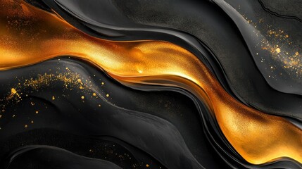 Abstract fluid art, black and gold waves
