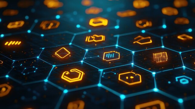 Abstract honeycomb grid with glowing orange icons