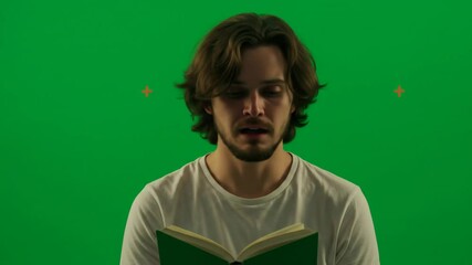 Man sitting indoor reading book in front of green backdrop for photography purpose