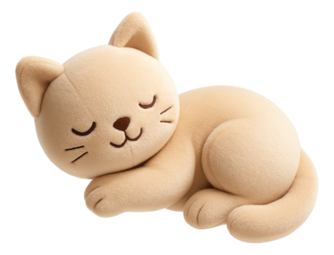 Soft beige plush toy cat with a cute sleeping expression and curled tail on transparent background.