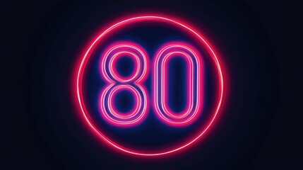 Neon pink and blue eighty encircled in a glowing ring against a dark background