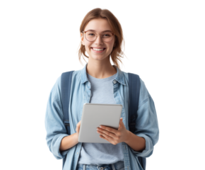 Happy student holding a tablet and smiling cheerfully.