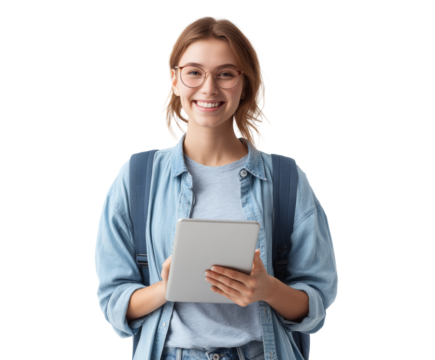 Happy student holding a tablet and smiling cheerfully.