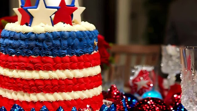 Tall multi-layered cake with red, white and blue frosting and star toppers, American patriotic celebration in evening lighting