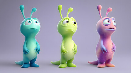 3d Cartoon of a color-changing alien showing color