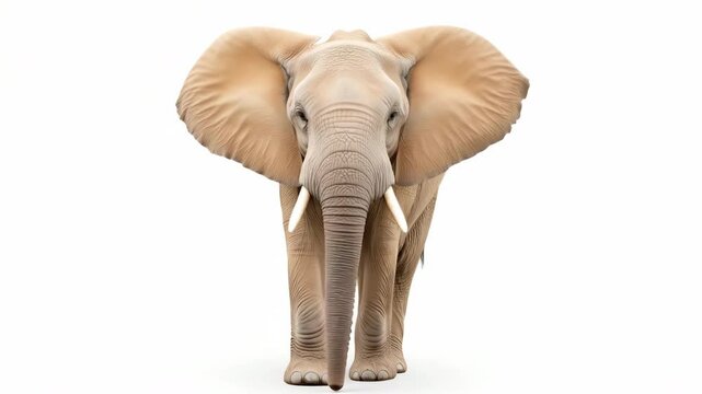 Front view of an african elephant with majestic tusks on white background