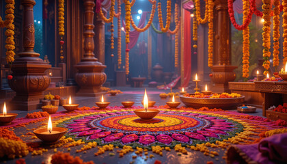 Colorful rangoli pattern with oil lamps and marigold garlands decorates festive temple interior, creating warm, joyful Diwali atmosphere