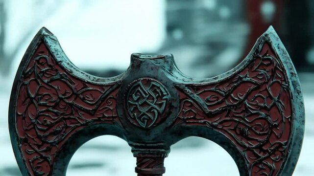 Ancient double-headed axe, detailed carvings,  wintery background.  Close-up of the ornate head