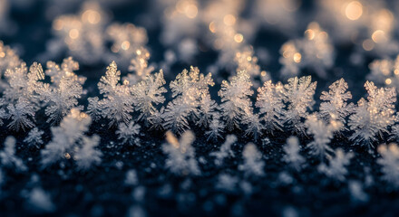 Obraz premium Close-up of Delicate Frost Crystals on a Dark Surface, Sparkling in Sunlight