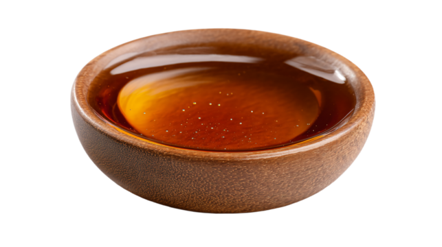 a wooden bowl filled with liquid on a white surface