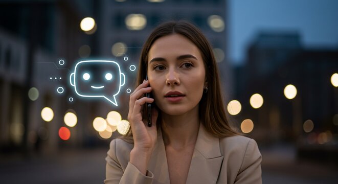 Woman talking on mobile with bot illustration in city street at night, for tech