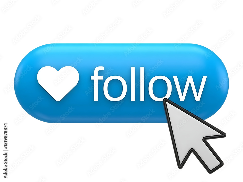 Poster 3d blue follow button with heart icon and cursor isolated on transparent background