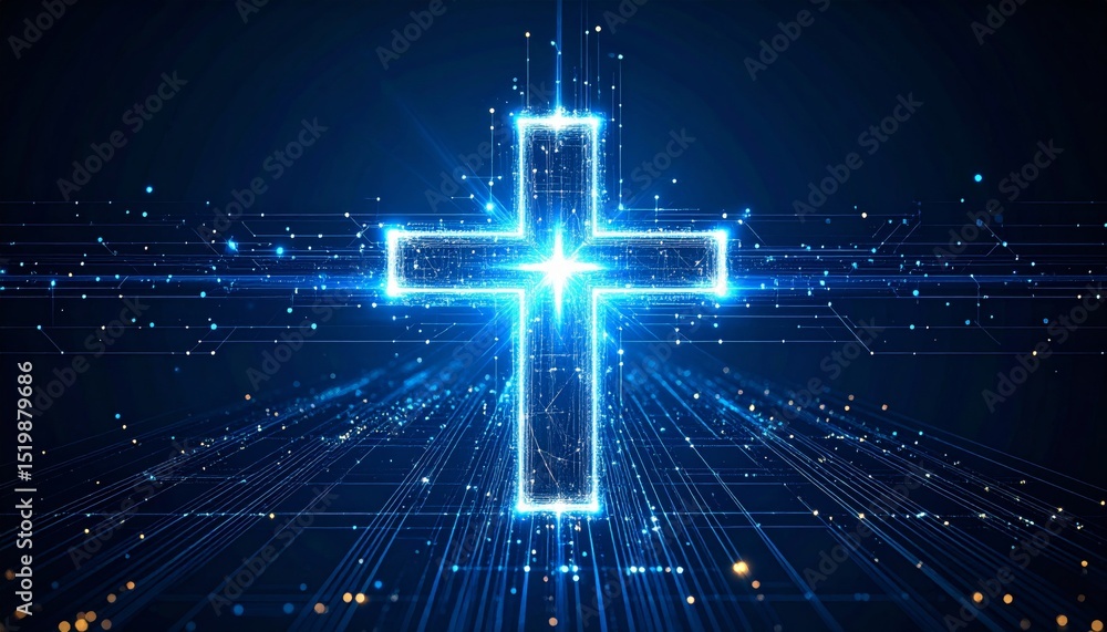 Poster futuristic digital cross with glowing data streams in abstract design