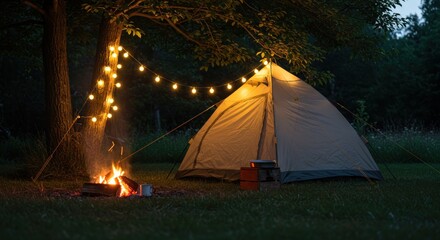 Illuminated campsite at night. Warm glow from string lights, campfire, and tent