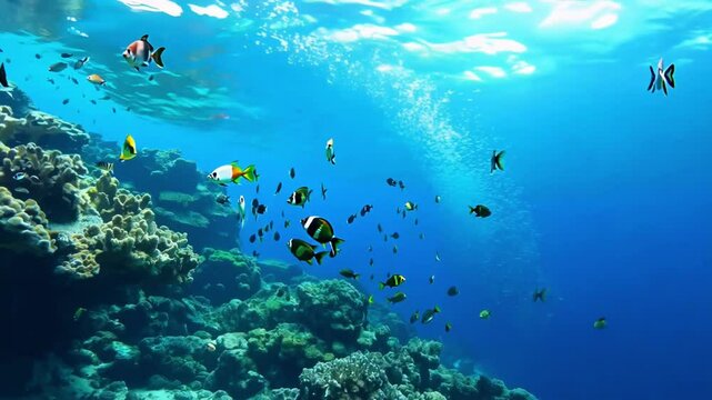 Colorful tropical fish swim peacefully around bright coral reef formations in clear blue ocean water creating serene underwater marine ecosystem with natural aquatic beauty