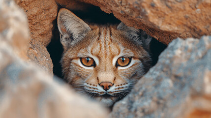 A wild cat peers out from between rocky crevices, its intense eyes focused and alert in a natural habitat.