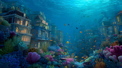3d Cartoon of a colorful coral reef city underwater