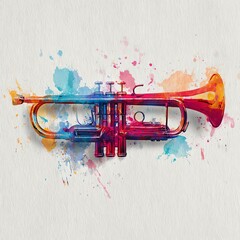 colorful watercolor splash trumpet illustration, modern artistic music theme