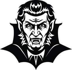 Fototapeta premium Black and White Vampire Portrait with Fangs and Cape Illustration