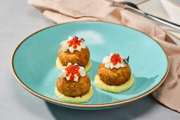 Rustic Elegance Fish Croquettes with Creamy Mashed Potatoes in Soft Natural Light