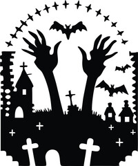 Spooky Halloween Night Silhouette with Graveyard Castle Bats and Zombie Hands
