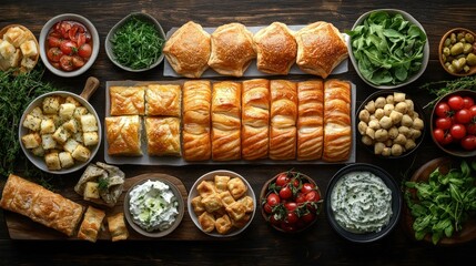 Assorted pastries and dips on a dark wooden table
