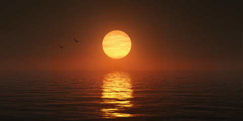 Golden Sunset Over Calm Ocean with Birds Flying