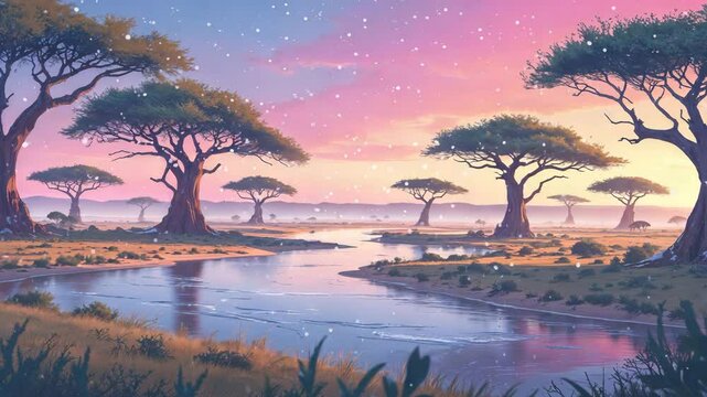 Scenic animated landscape depicting an african savannah river and acacia trees under snowy sky at sunset