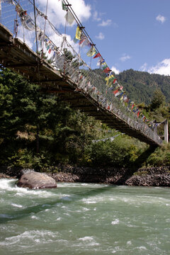 Tibetan bridge over the Chamkhar Chu river, Bhutan