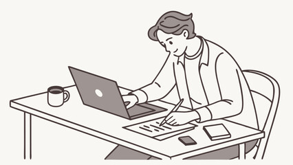 Man working at desk with laptop writing notes illustration vector stock image for business and office use
