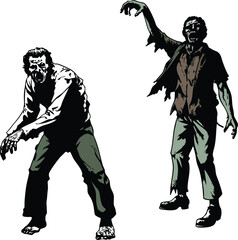 Naklejka premium Two menacing zombies with rotting flesh walking towards the viewer