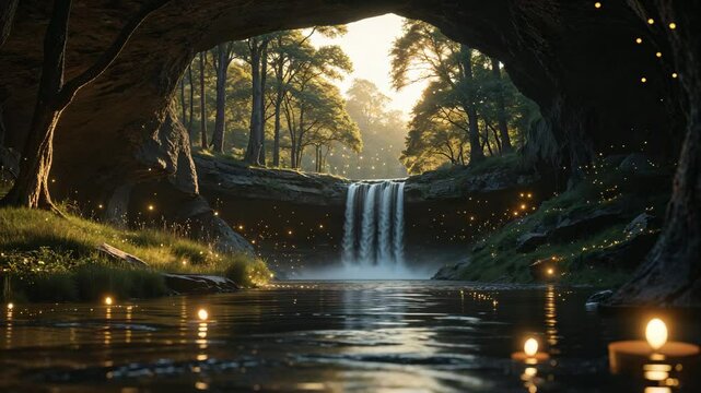 Serene waterfall and enchanted grotto scene with magical glowing fireflies amidst lush forest