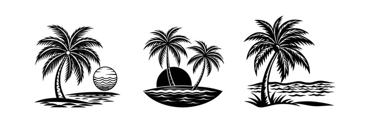 Obraz premium Tropical paradise beach with palm tree vector illustration at sunset silhouette design set