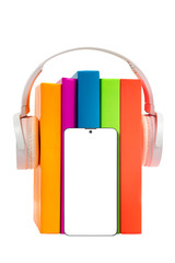 Books with headphones and Smartphone on isolated background. Audiobook concept. Listening to lectures, learning languages, podcast, voicing literature