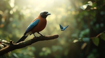 Perching Bird and Flying Bird in Misty Forest Background