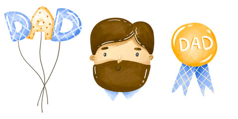 Clipart daddy day. Man face and award, helium balloon. Happy father day. Hand drawn watercolor illustration on isolated background