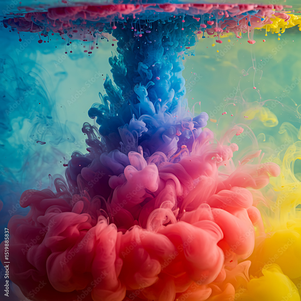 Poster vibrant explosion of colorful ink, primarily blue, pink, and yellow, blooming and diffusing in water