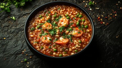 Bowl of hearty soup with shrimp, rice, and vegetables