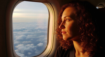 Fototapeta premium Passenger looking out of airplane window, clouds and blue sky in background, soft light illuminating face, concept of anticipation and adventure.