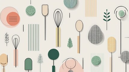Abstract kitchen utensils and botanical illustrations on a light background, ideal for culinary design