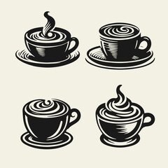 Black and white flat vector set of coffee cups in different shapes and styles. Minimalist outline collection perfect for café menus, prints, or branding.