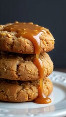 Stack of crunchy peanut cookies drizzled with caramel sauce on white plate National Peanut Butter Cookie Day