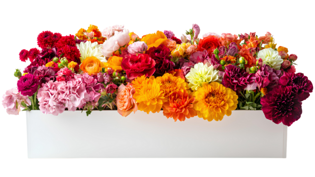 Colorful flowers bouquet in white box on transparent background
