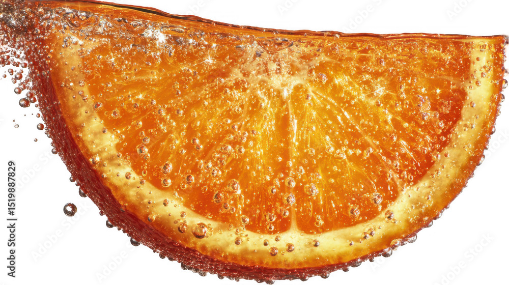 Poster close up of a juicy orange slice submerged in sparkling water, with bubbles clinging to its surface 